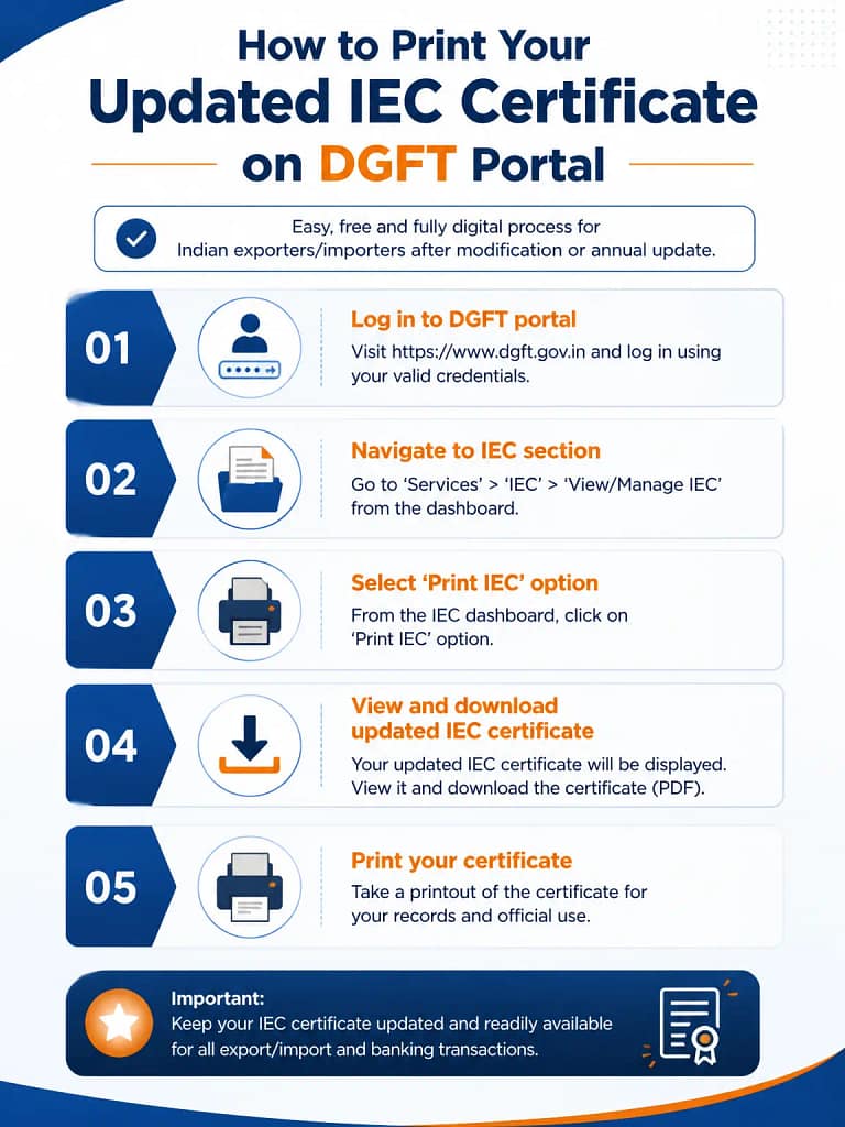 How to print an updated IEC certificate? 1 IEC Print option on DGFT portal to download updated IEC certificate