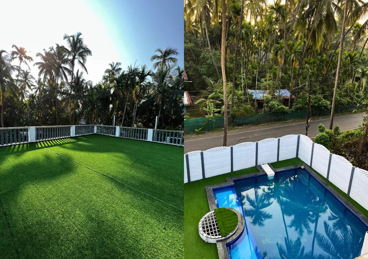 The open terrace at vandana villa and pool view from the terrace.
