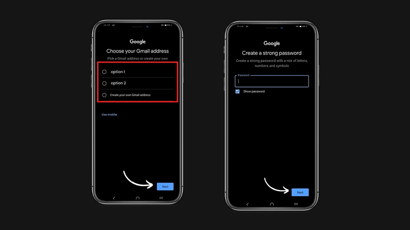 select gmail address and set password