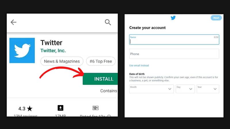 install twitter and create your account