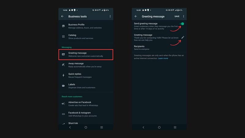 set automated - greeting message