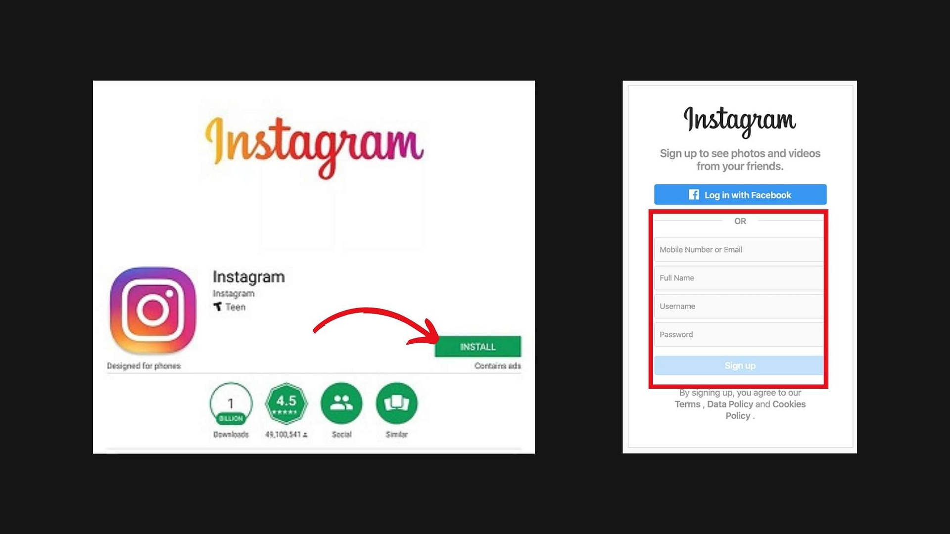 install instagram and create account