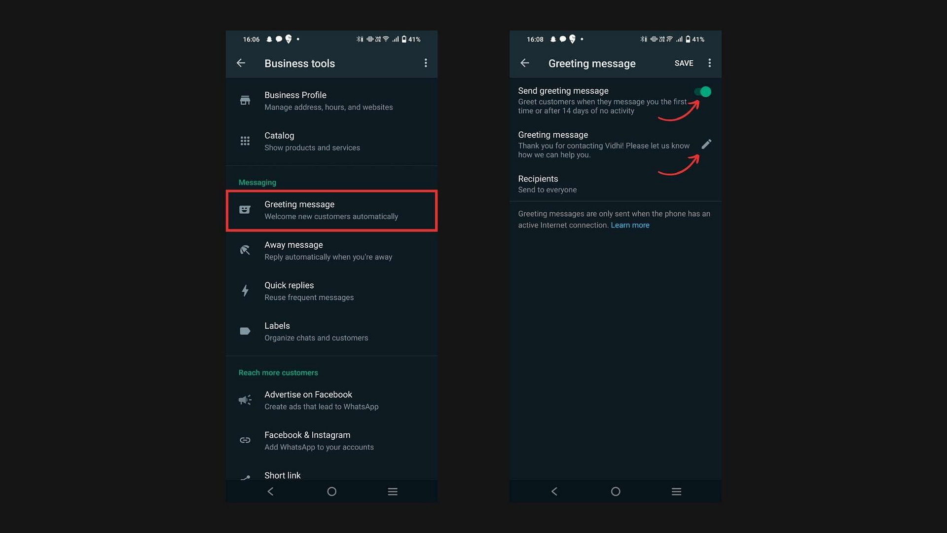 set automated - greeting message