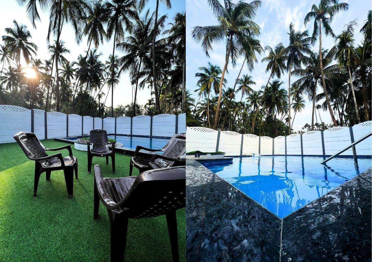 Close up of swimming pool & lawn seating area