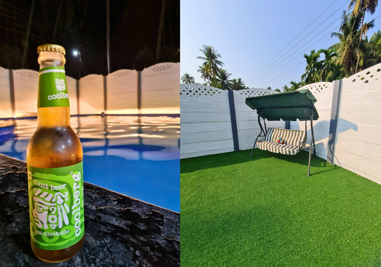 a bottle of beverage and pool view at night along with evening view of swing in lawn at vandana villa.